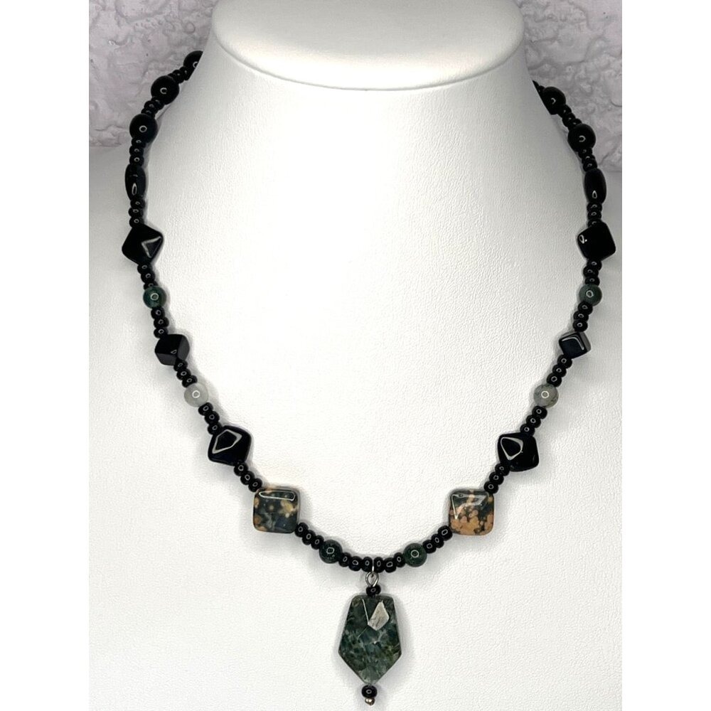 Artisan Stone Beaded Necklace Onyx Moss Agate Ocean Jasper Silver Toggleβ 18"